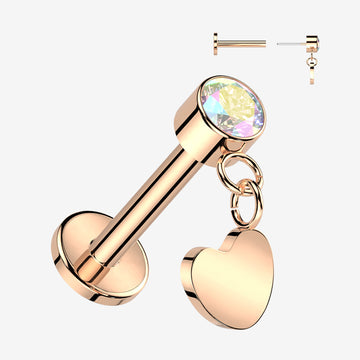 Implant Grade Titanium OneFit Threadless Rose Gold Sparkle Dangle Heart Top Flat Back Labret-Aurora Borealis